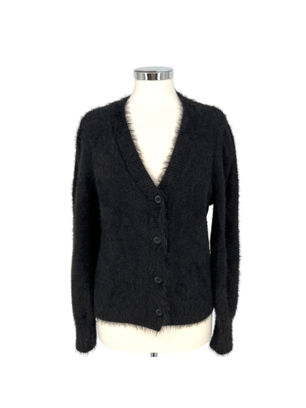 French Connection Fuzzy Cozy Button-Front Cardigan Sweater Black Size Medium